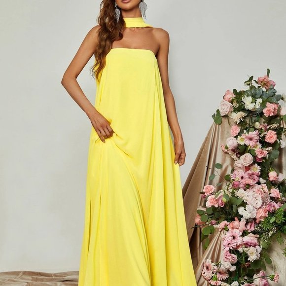 Yellow Preppy Womens Choker Neck Backless Maxi Formal Dress - Picture 5 of 5